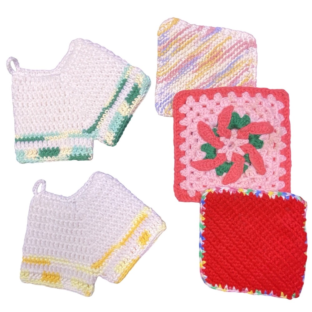 Vintage Bundle Lot of 5 Hand Crocheted Hot Pads‎ Potholders Pot Holders Trivets